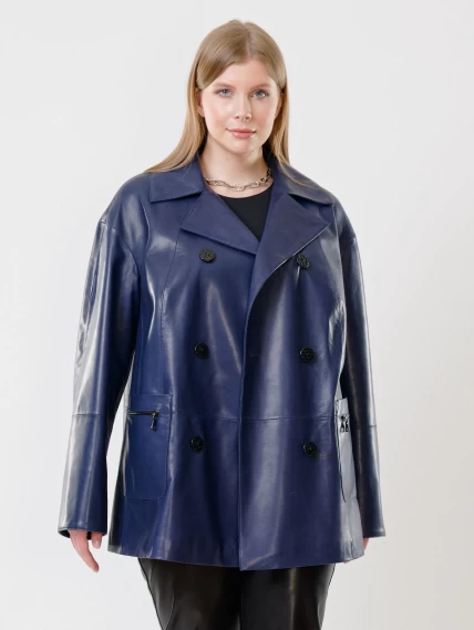 Кожаная женская двубортная куртка оверсайз 3002, синяя, размер 58, артикул 91420-2