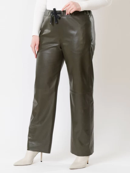 Кожаные широкие женские брюки из натуральной кожи 06, оливковые, размер 48, артикул 85510-5