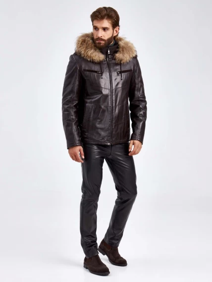 Кожаная зимняя мужская куртка с капюшоном на подкладке из овчины 4273, черная, размер 50, артикул 29460-5