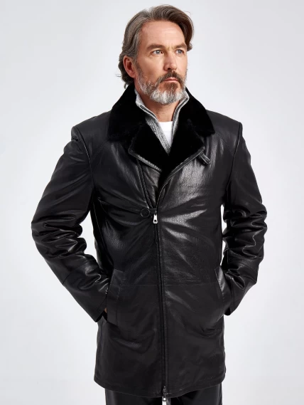 Зимняя мужская кожаная куртка на подкладке из овчины 5358, черная, размер 46, артикул 40630-0