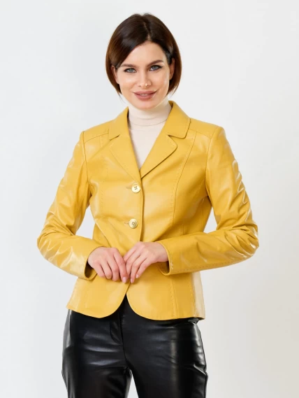 Кожаный костюм женский: Пиджак 316рс + Брюки 03, желтый/черный, размер 44, артикул 111152-3