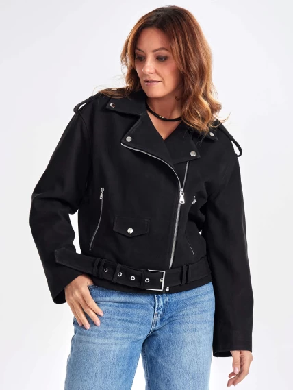 Короткая кожаная куртка косуха с поясом для женщин премиум класса 3052, черная, размер 44, артикул 23440-5