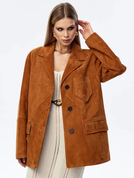 Стильный удлиненный замшевый женский пиджак премиум класса 3069з, виски, размер 46, артикул 23840-6