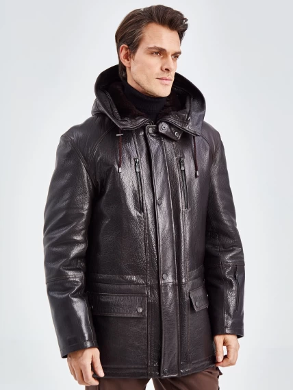 Утепленная кожаная куртка аляска с мехом енота для мужчин 556, коричневый, размер 50, артикул 41090-0