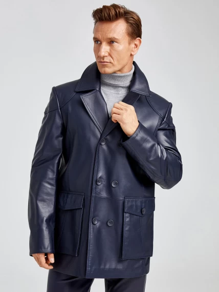Двубортная мужская кожаная куртка бушлат 549, синяя, размер 50, артикул 28881-0
