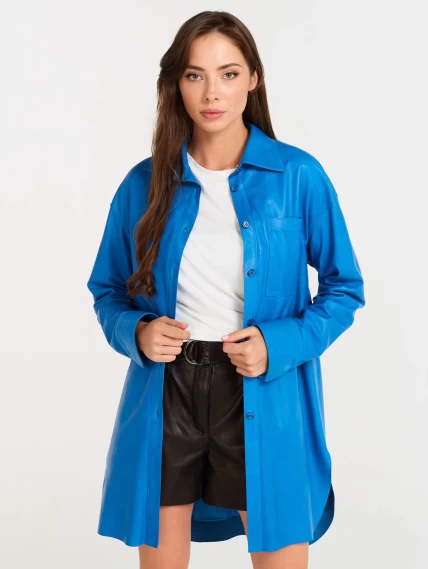 Кожаный комплект женский: Рубашка 01 + Шорты 01, голубой/черный, размер 46, артикул 111124-1