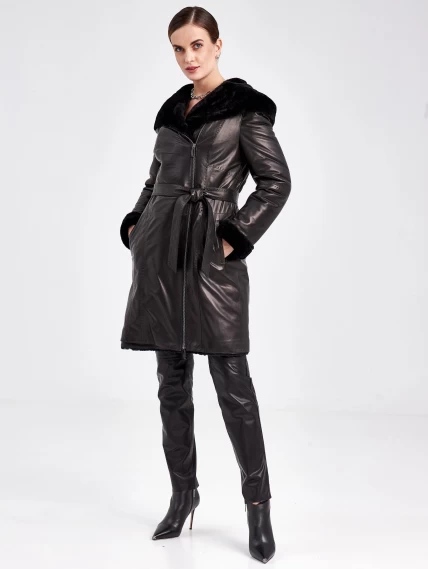 Кожаный плащ зимний женский 394мех, с капюшоном, черный, размер 46, артикул 92090-5