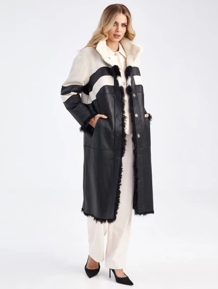 Комбинированное двустороннее женское пальто из натуральной овчины с мехом тиградо премиум класса 2032, белое, размер 42, артикул 63950-0