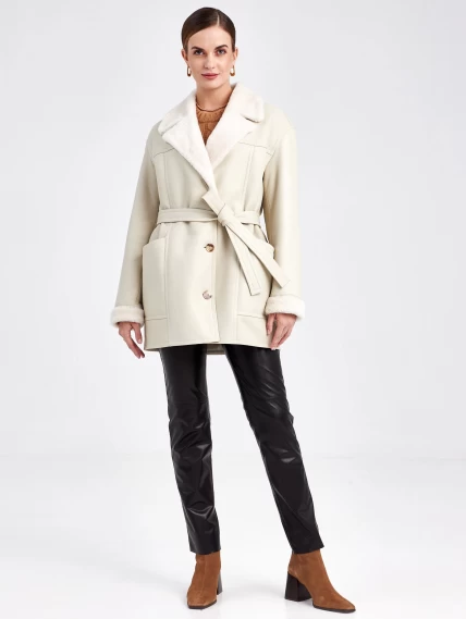 Короткая женская дубленка пиджак с поясом премиум класса 2011, белая, размер 48, артикул 62671-5