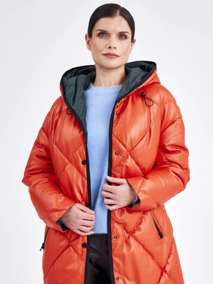 Кожаное женское стеганное пальто с капюшоном премиум класса 3026, оранжевое, размер 48, артикул 25410-0