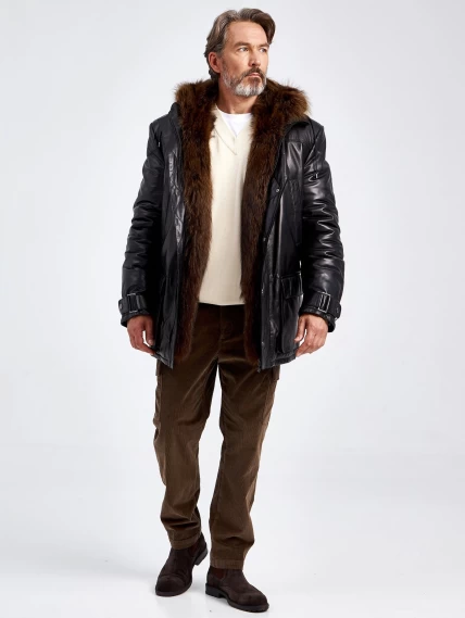 Зимняя мужская кожаная куртка с капюшоном на подкладке из меха енота 511, черная, размер 56, артикул 40730-1