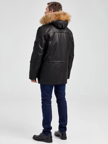 Утепленная мужская кожаная куртка аляска с мехом енота Алекс, черная DS, размер 52, артикул 40441-4
