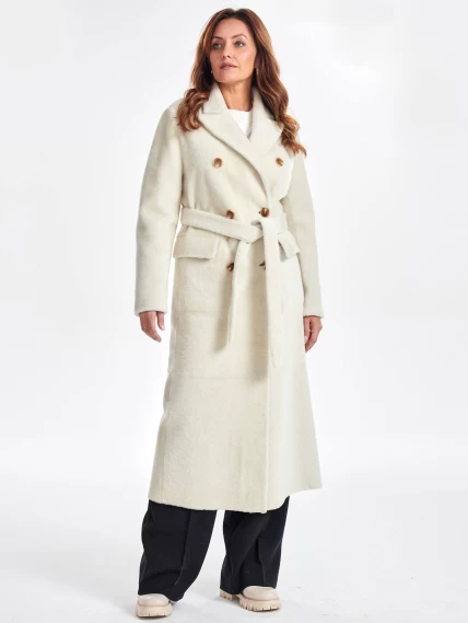 Длинное двубортное женское пальто из меховой овчины премиум класса 2047, белое, размер 48, артикул 63280-3