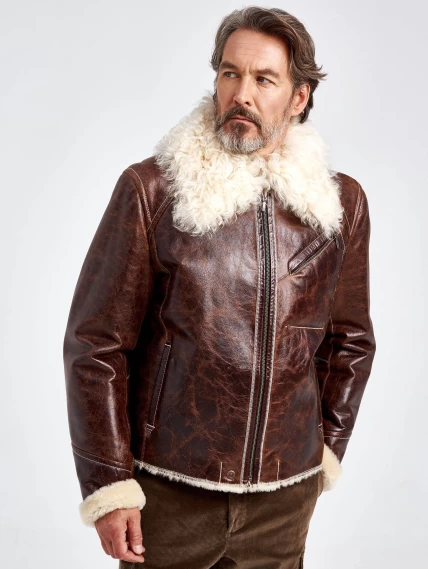 Кожаная куртка зимняя на подкладке из овчины тиградо для мужчин 161, коричневая, размер 52, артикул 70690-0