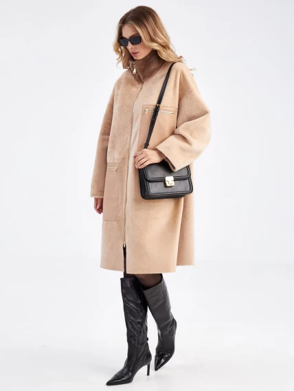 Стильное женское пальто с норковым воротником премиум класса 2041, бежевое, размер 44, артикул 63650-0