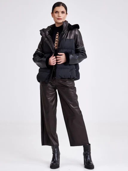 Комбинированная женская кожаная куртка с капюшоном 3030, черная, размер 44, артикул 23360-1