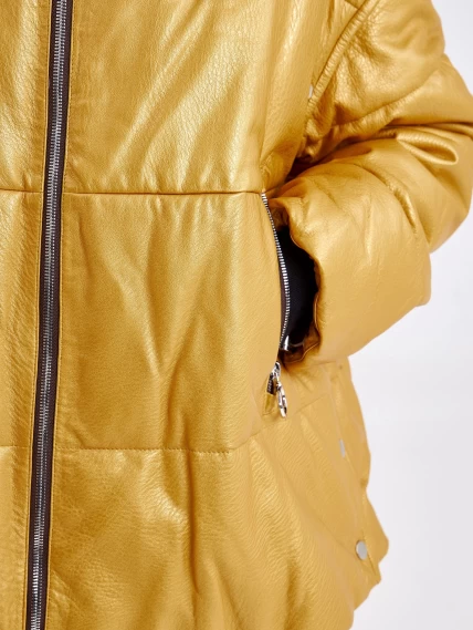 Утепленная женская кожаная куртка оверсайз с капюшоном премиум класса 3023, желтая, размер 44, артикул 23390-5