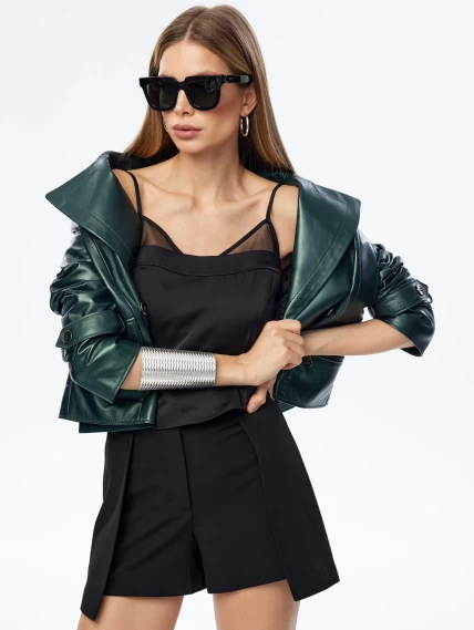 Двубортный кожаный женский пиджак 3014, зеленый, размер 48, артикул 91730-0