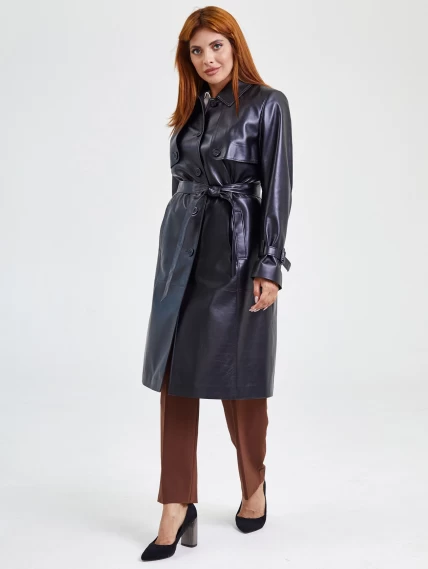 Кожаное женское пальто тренч с поясом премиум класса 3018, черное, размер 50, артикул 25660-4