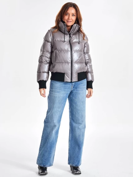 Утепленная стеганная кожаная куртка бомбер премиум класса для женщин 3074, серая, размер 44, артикул 23900-0