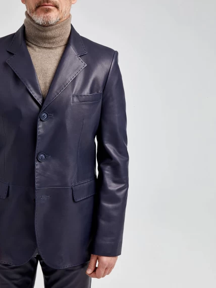 Мужской кожаный пиджак на ручном стежке премиум класса 543, синий, размер 48, артикул 28962-2