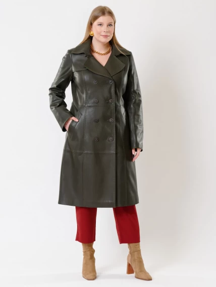 Кожаное двубортное женское пальто с поясом премиум класса 3003, оливковое, размер 48, артикул 63480-5