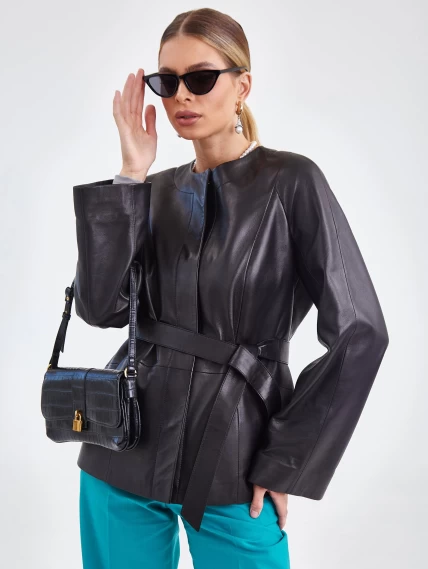 Кожаная женская куртка без воротника с поясом 3019, черная, размер 48, артикул 92110-3