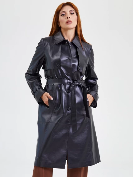 Кожаное женское пальто тренч с поясом премиум класса 3018, черное, размер 50, артикул 25660-1