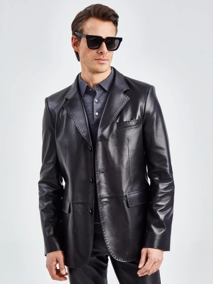 Мужской кожаный пиджак на ручном стежке премиум класса 543, черный, размер 48, артикул 27330-0