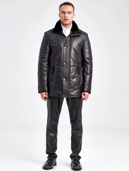 Кожаная зимняя мужская куртка с воротником из овчины 5723, черная, размер 46, артикул 40960-5