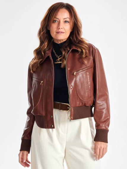 Короткая кожаная куртка бомбер для женщин премиум класса 3066 , песочная, размер 44, артикул 23800-0