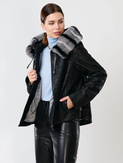 Короткая замшевая утепленная женская куртка с мехом "рекса" 308ш, черная, размер 46, артикул 90722-1