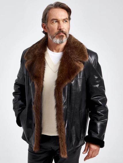 Кожаная зимняя мужская куртка с воротником меха соболя премиум класса 4365, черная, размер 58, артикул 40670-3