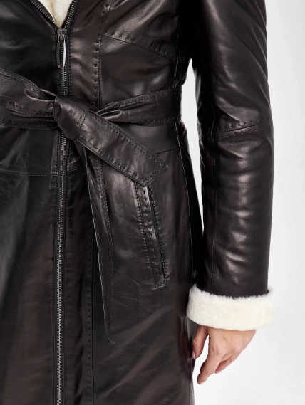 Кожаный плащ зимний женский 394мех, с капюшоном, черно-белый, размер 46, артикул 92100-4