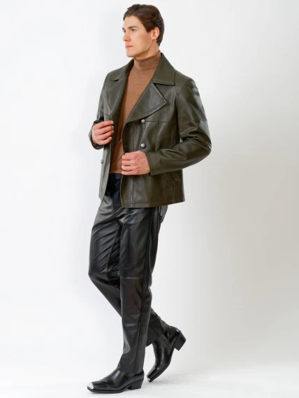 Кожаный комплект мужской: Куртка Клуб + Брюки 01, оливковый/черный, размер 48, артикул 140200-1
