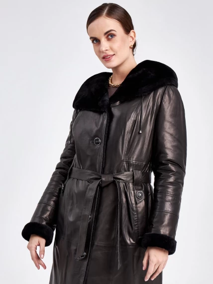 Кожаное пальто зимнее женское 392мех, с капюшоном, с поясом, черное, размер 48, артикул 91850-0