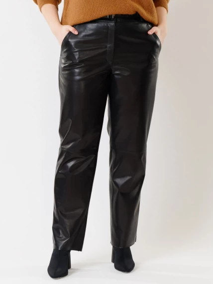 Кожаные прямые женские брюки из натуральной кожи 04, черные, размер 46, артикул 85390-2