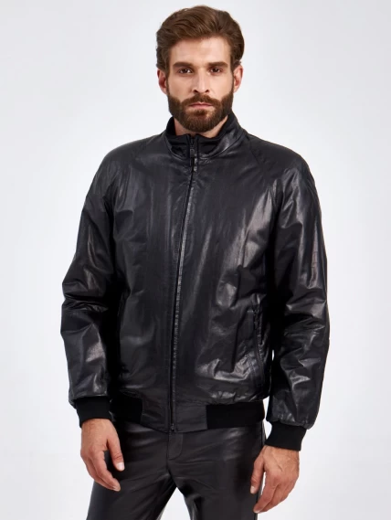 Мужская кожаная куртка бомбер на шерстепоне 524ш, черная, размер 52, артикул 29300-3