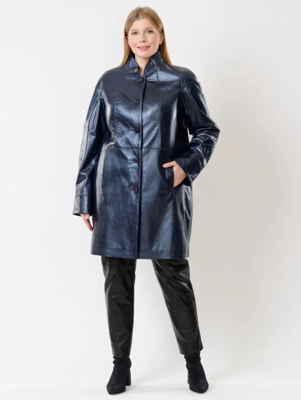 Кожаное пальто женское 378, синий перламутр, размер 48, артикул 91272-3
