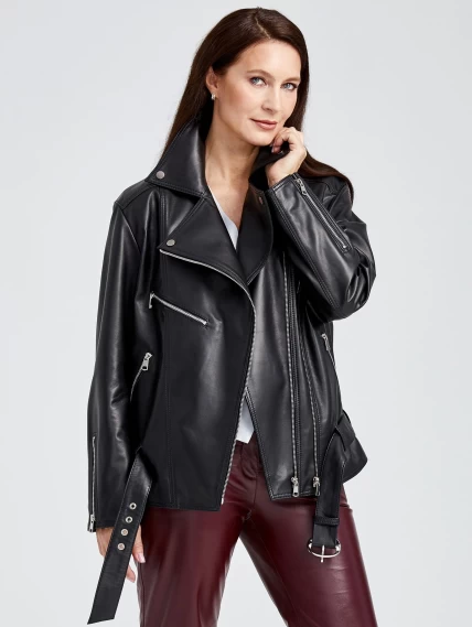 Кожаная женская куртка косуха с поясом 3013, черная, размер 48, артикул 91620-0