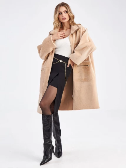 Стильное женское пальто с норковым воротником премиум класса 2041, бежевое, размер 44, артикул 63650-5