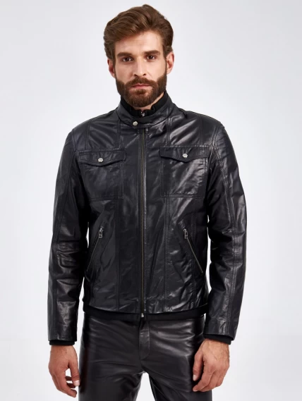 Мужская короткая кожаная куртка бомбер 2010-14, черная, размер 50, артикул29280-6