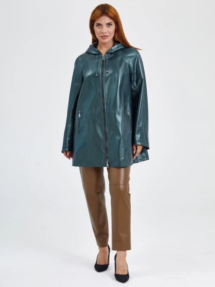 Кожаная женская куртка оверсайз с капюшоном 383, зеленая, размер 56, артикул 91780-5
