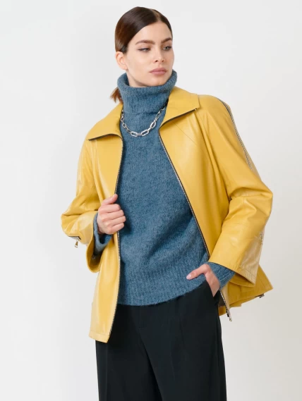 Кожаная женская куртка оверсайз 385, желтая, размер 50, артикул 90570-0