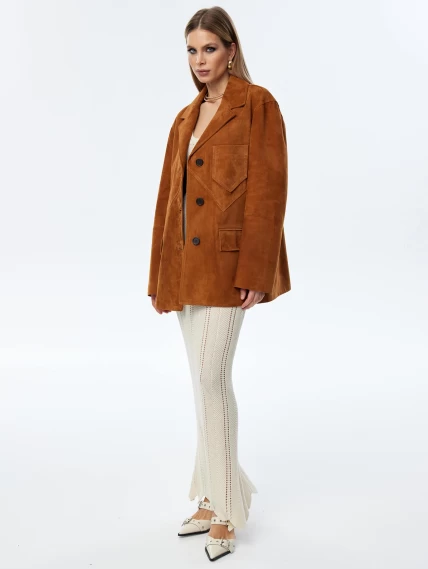 Стильный удлиненный замшевый женский пиджак премиум класса 3069з, виски, размер 46, артикул 23840-0