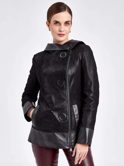 Женская кожаная куртка с капюшоном 333н, черная, размер 46, артикул 23050-2