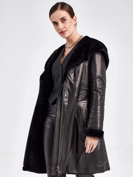 Кожаное пальто зимнее женское 393мех, с капюшоном, черное, размер 46, артикул 91860-3