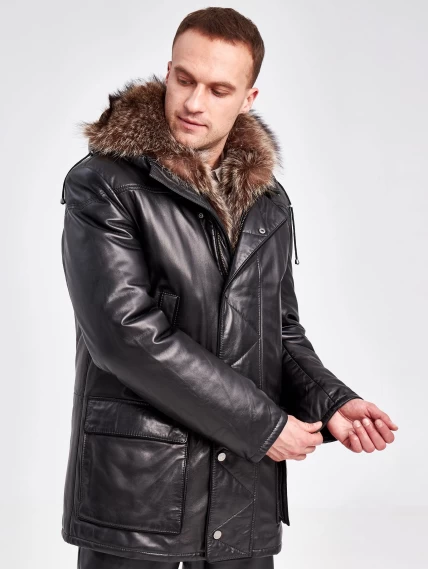 Кожаная утепленная куртка аляска с капюшоном и мехом енота для мужчин 5471, черная, размер 48, артикул 40980-6