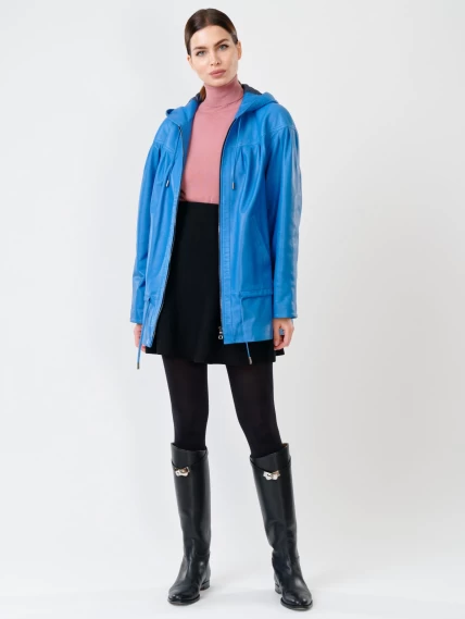 Кожаная женская куртка с капюшоном 303у, голубая, размер 54, артикул 90690-3