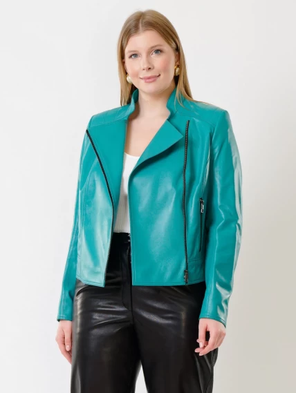 Кожаный комплект женский: Куртка 300 + Брюки 04, бирюзовый/черный, размер 44, артикул 111181-4